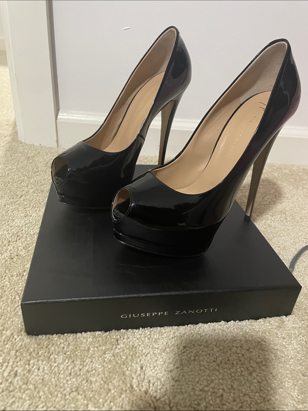 Giuseppe Zanotti Black Patent Leather Peep-Toe Platform Pumps